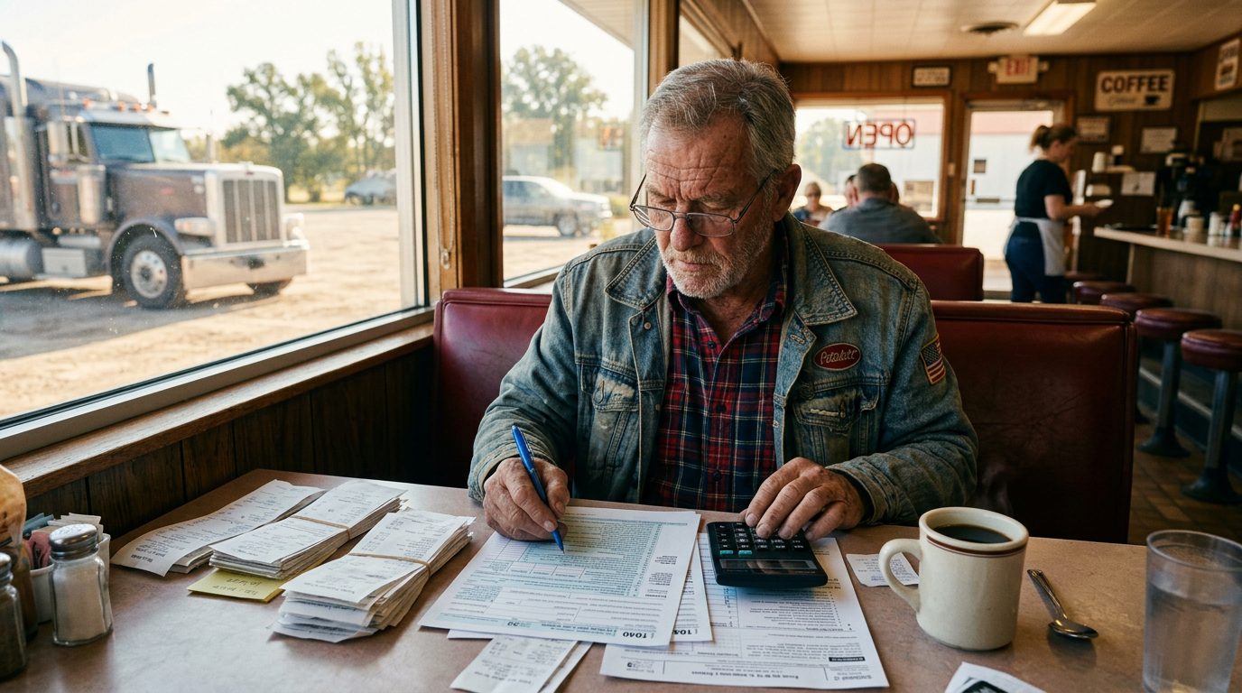 Senior truck driver learning how to file past due 1099 taxes with paper receipts at a diner.