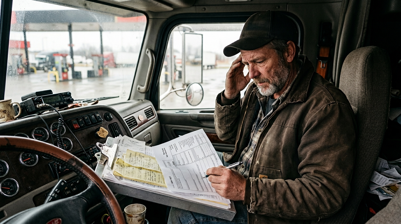 Owner-operator truck driver reviewing receipts to file past due 1099 taxes and protect margins.