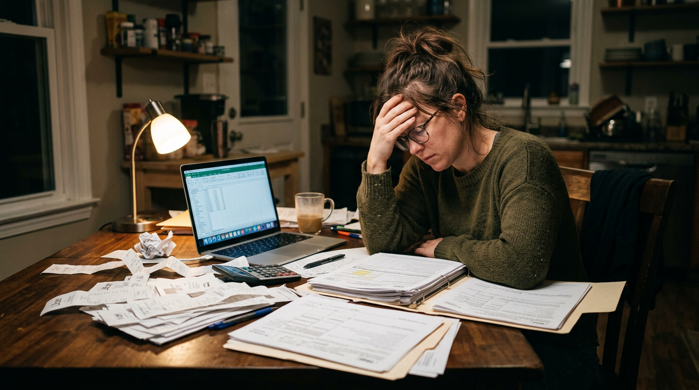 Stressed gig worker at a table covered in receipts, showing why professional 1099 tax preparation services are essential.