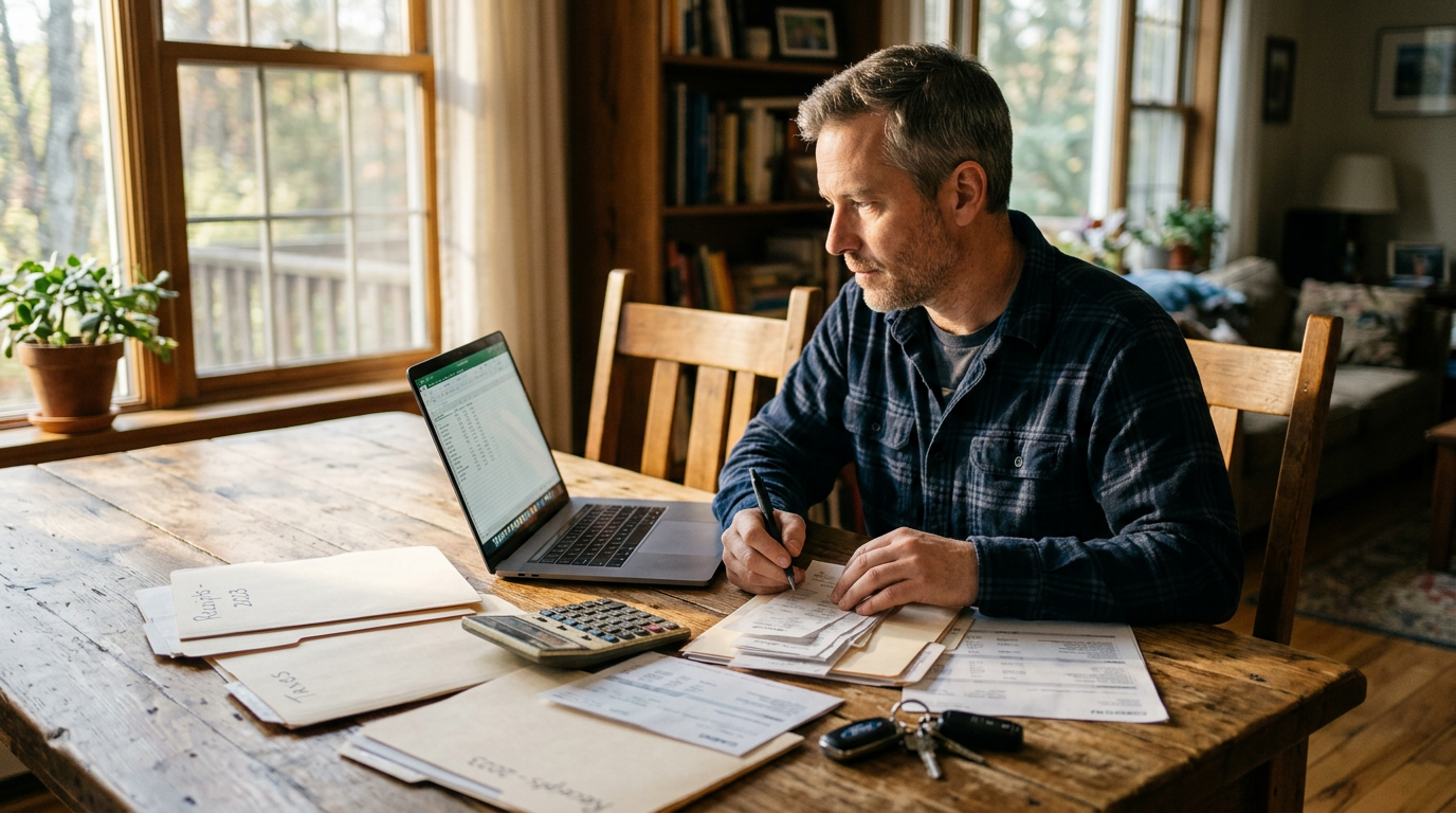 Owner-operator organizing 1099 tax filing documents and receipts at a desk for business tax planning and reinvestment.