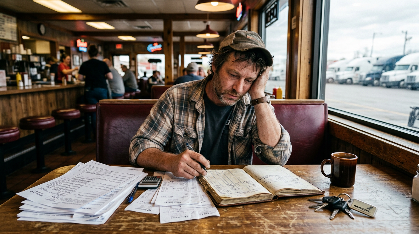 Tired logistics owner-operator reviewing past due 1099 tax forms and receipts at a diner table to fix tax mistakes.