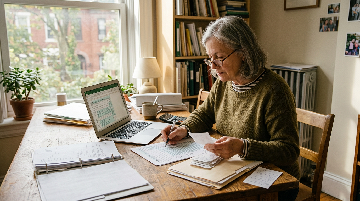 Senior gig worker organizing receipts and filing past due 1099 taxes at a home office desk with a laptop.