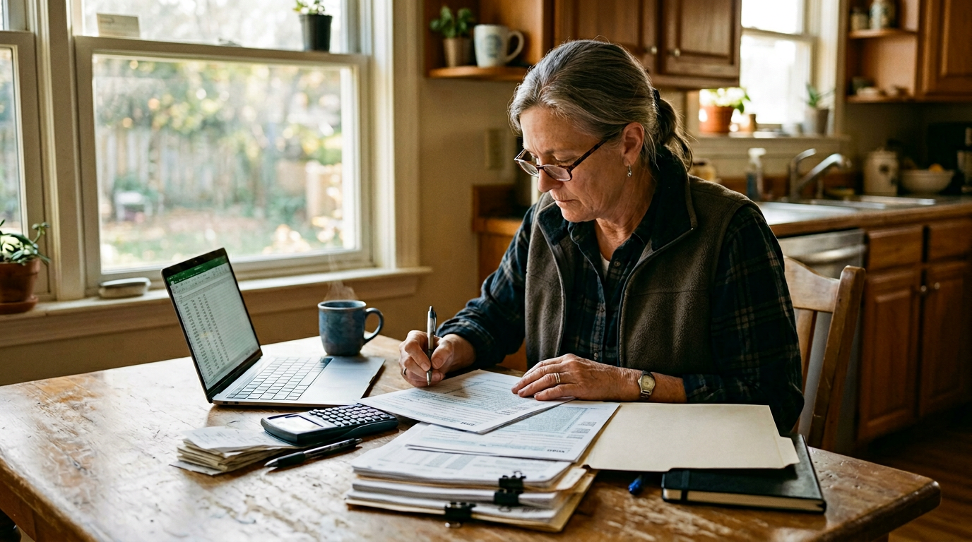 Independent fleet owner reviewing receipts and 1099 tax filing forms on a laptop for business tax planning.