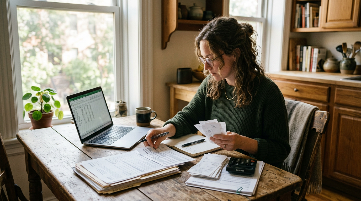 A focused gig worker organizing documents for 1099 tax filing and business tax planning at a wooden table.