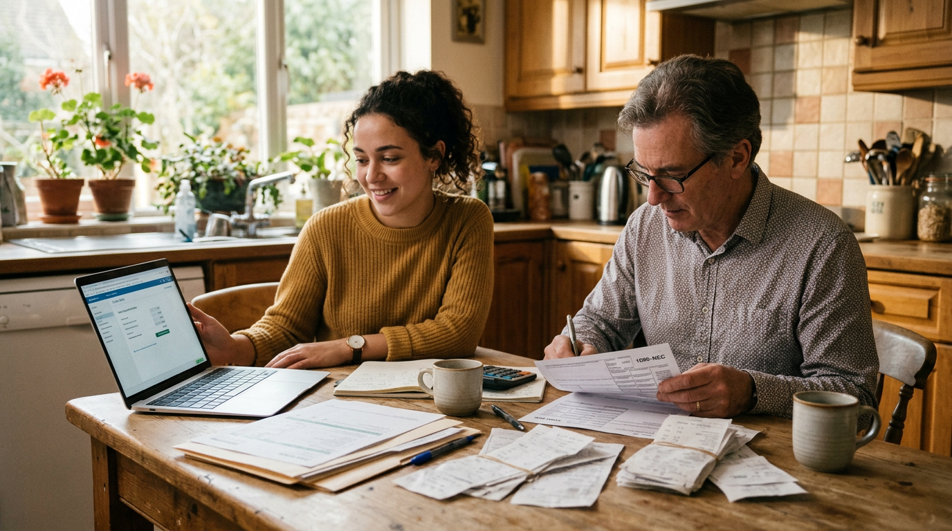 Gig worker and tax professional reviewing 1099 tax documents and receipts at a table.