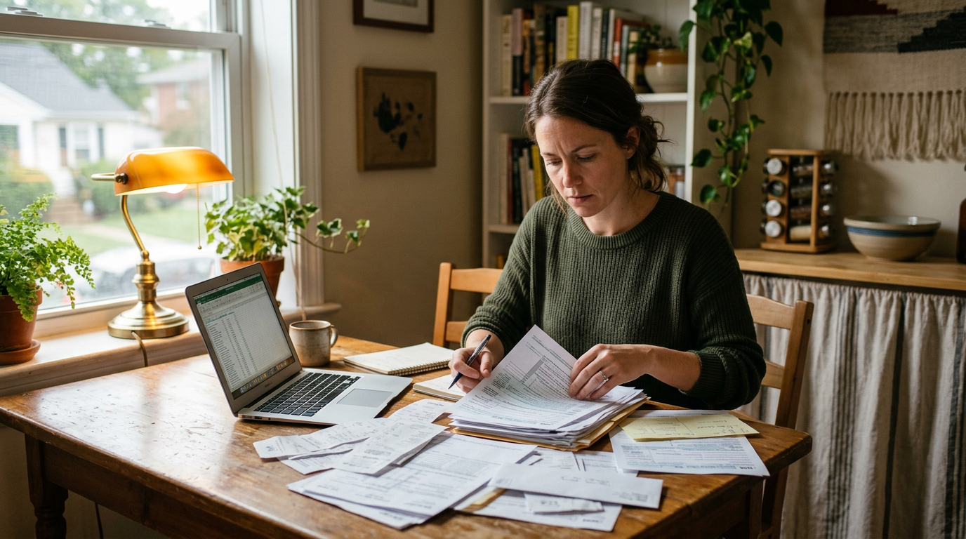 Freelance gig worker organizing 1099 tax filing paperwork and business receipts at a home desk.