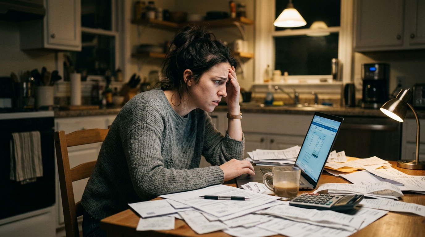Stressed gig worker reviewing 1099 tax forms and receipts on a laptop to handle an IRS audit.