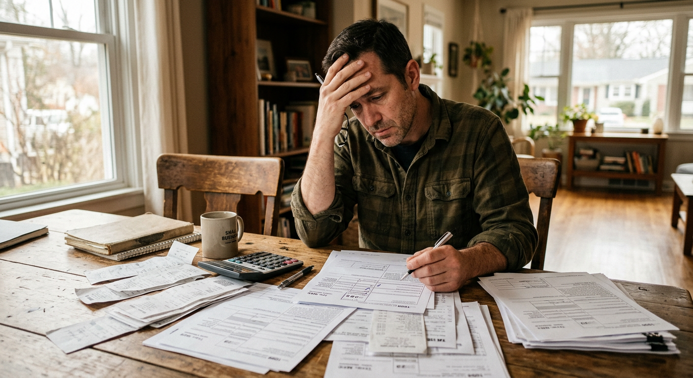 Stressed owner-operator needing a tax filing service while reviewing 1099 paperwork at a cluttered desk.