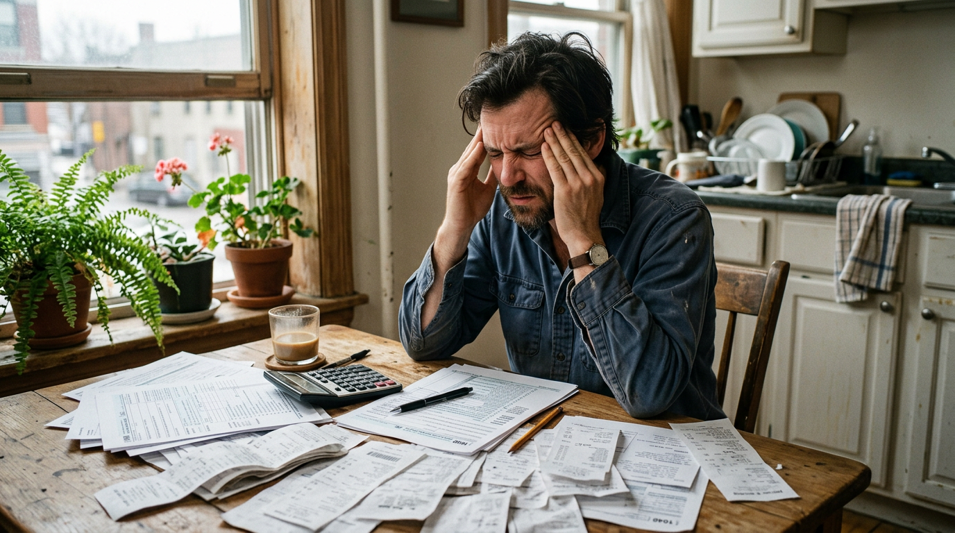 Stressed gig worker struggling with 1099 tax filing paperwork at a kitchen table, needing a tax filing professional.