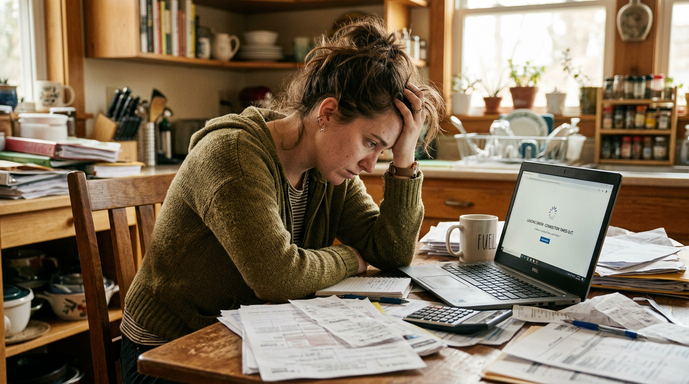 Stressed gig worker struggling with tax forms and a laptop error.