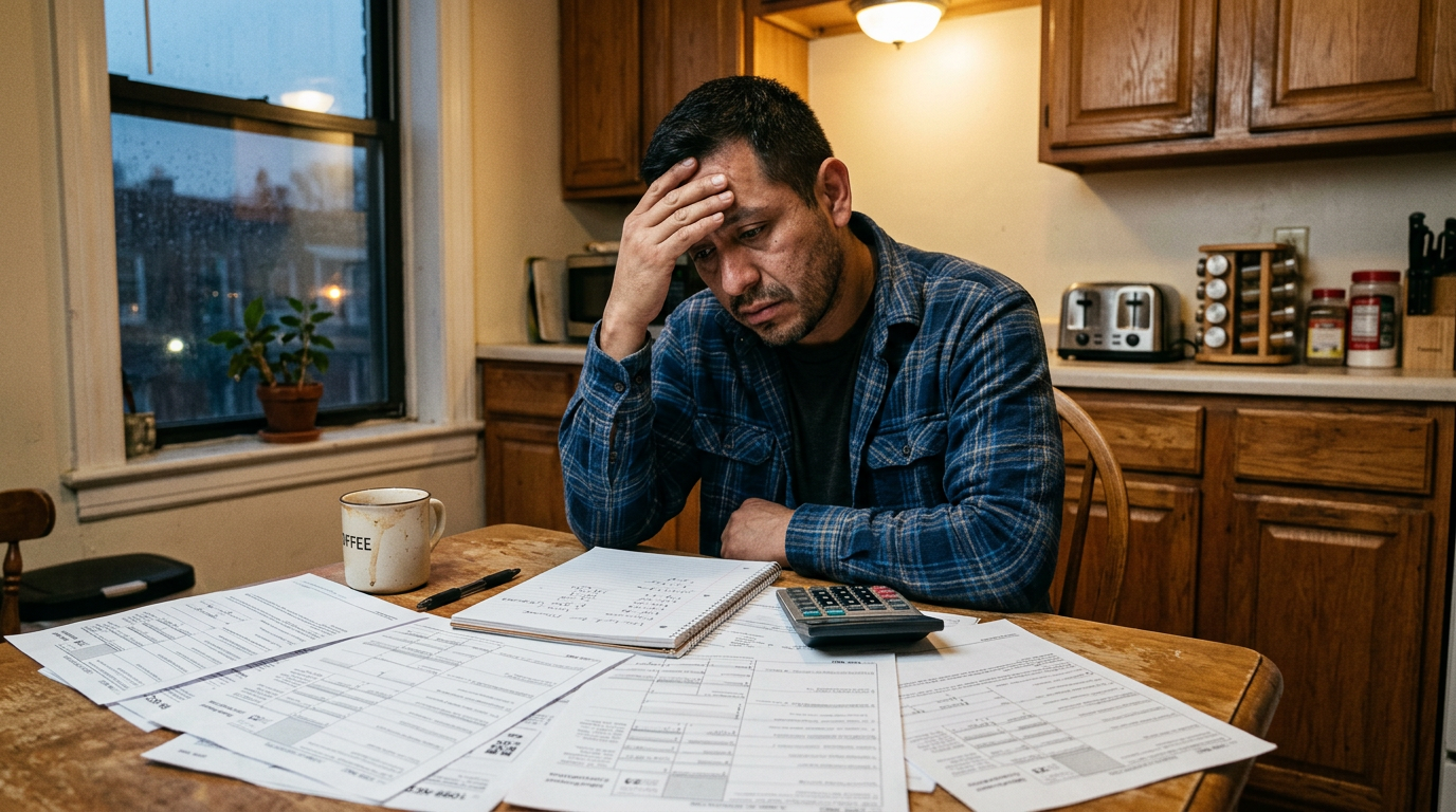Stressed immigrant gig worker organizing 1099 tax documents at home, seeking tax preparation and audit protection services.