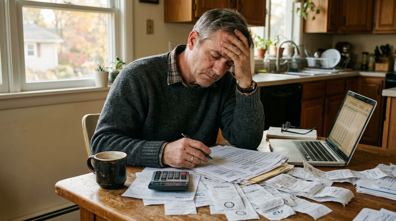 Gig worker owner-operator looking stressed while doing 1099 tax filing and calculating fuel receipts at a kitchen table.