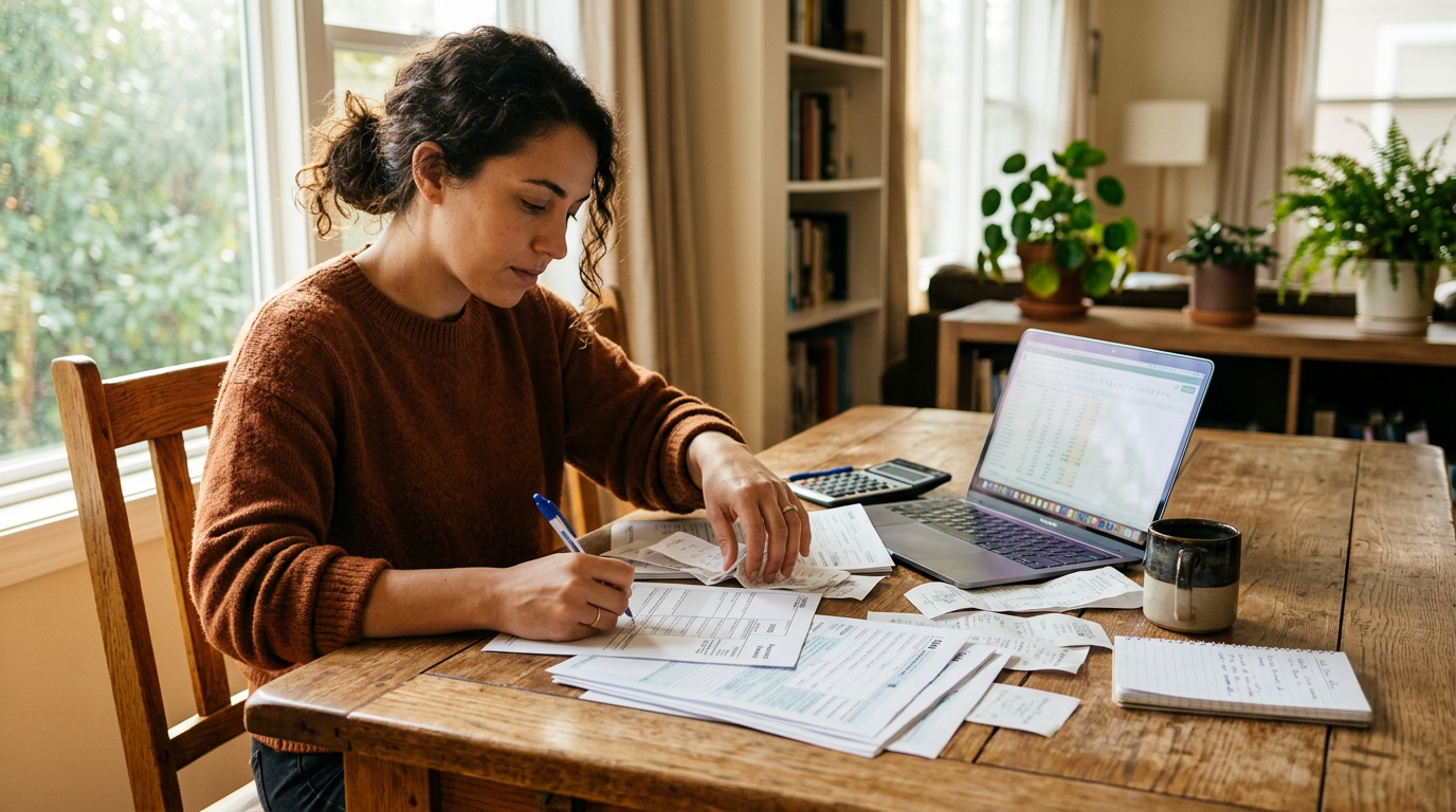 Gig worker organizing tax documents and receipts at a laptop for 1099 tax filing.