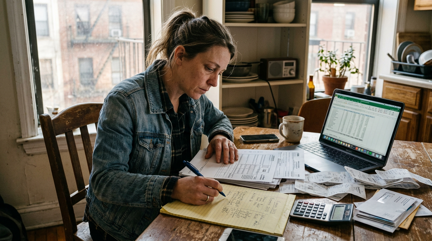 Gig worker organizing receipts and filing past due 1099 taxes at a kitchen table to claim an unclaimed tax refund.