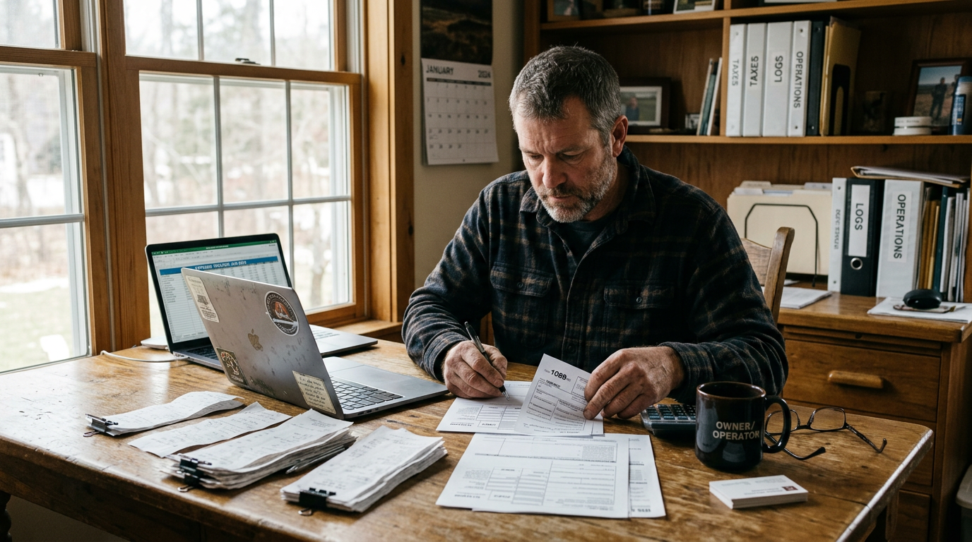 Owner-operator reviewing 1099 tax forms and receipts at a desk, preparing for business tax filing and audit protection.
