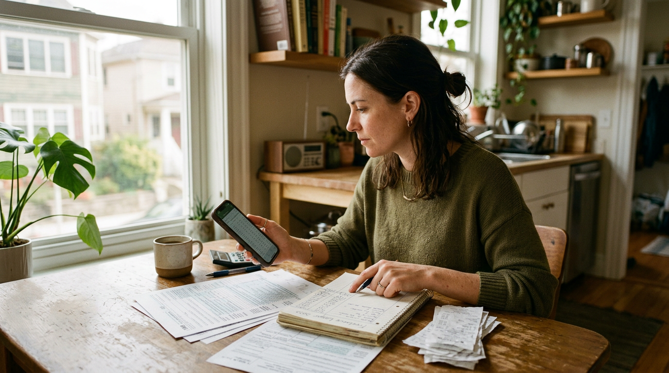 Freelance gig worker reviewing 1099 tax filing documents and mileage receipts at a table.