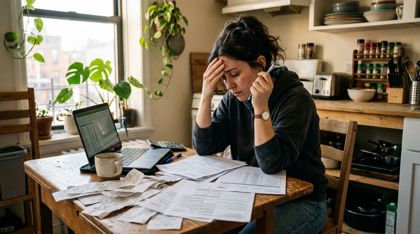 Stressed gig worker reviewing 1099 tax forms and receipts at a cluttered table.