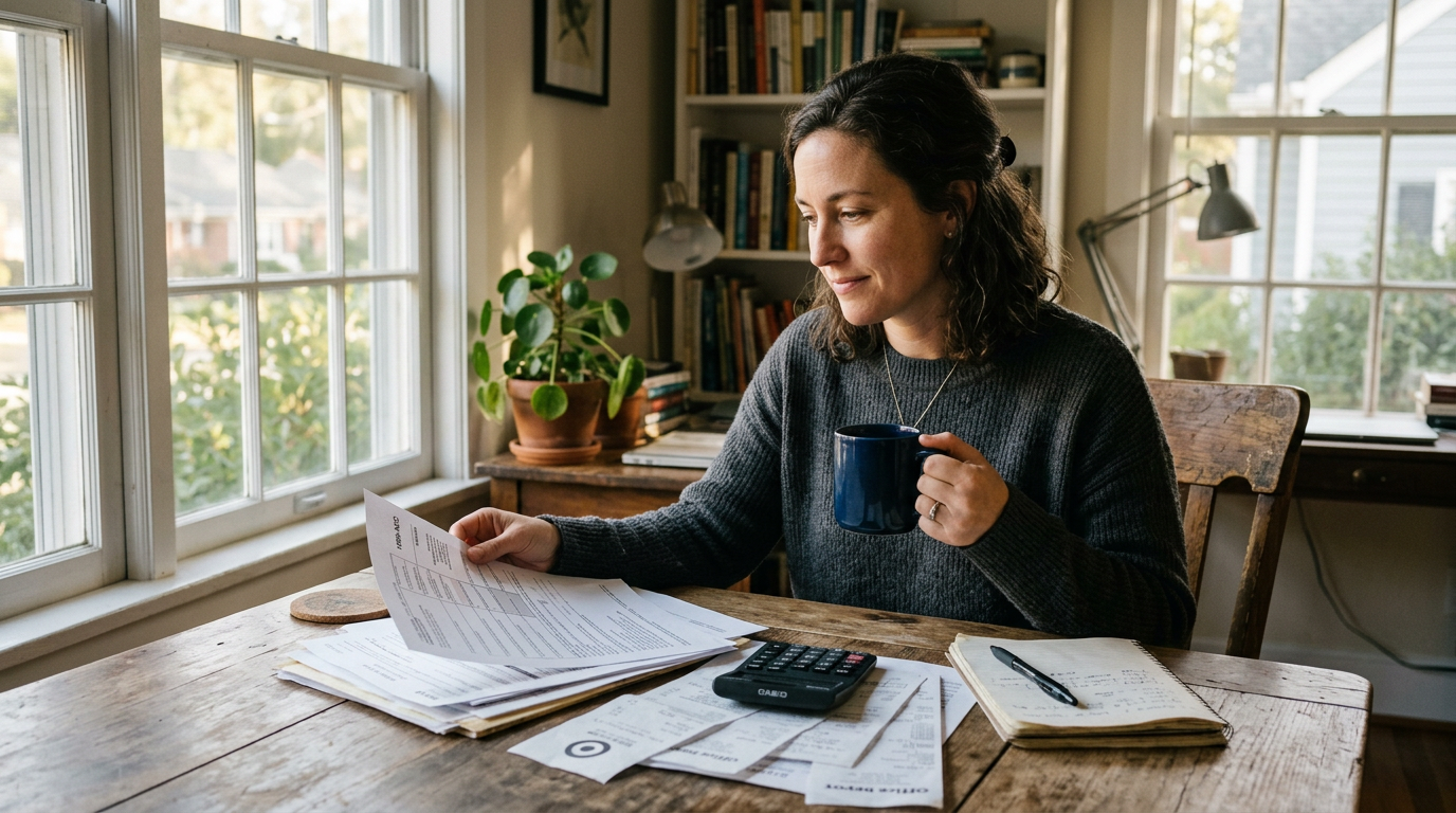 Freelancer reviewing 1099 tax filing documents and business receipts at a desk to plan a tax extension strategy.