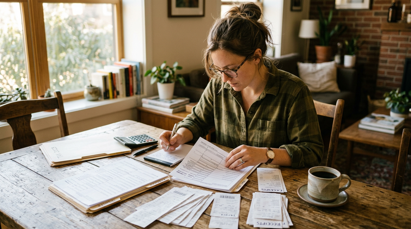 Owner-operator organizing 1099 tax forms and receipts at a table for tax filing and business tax planning.
