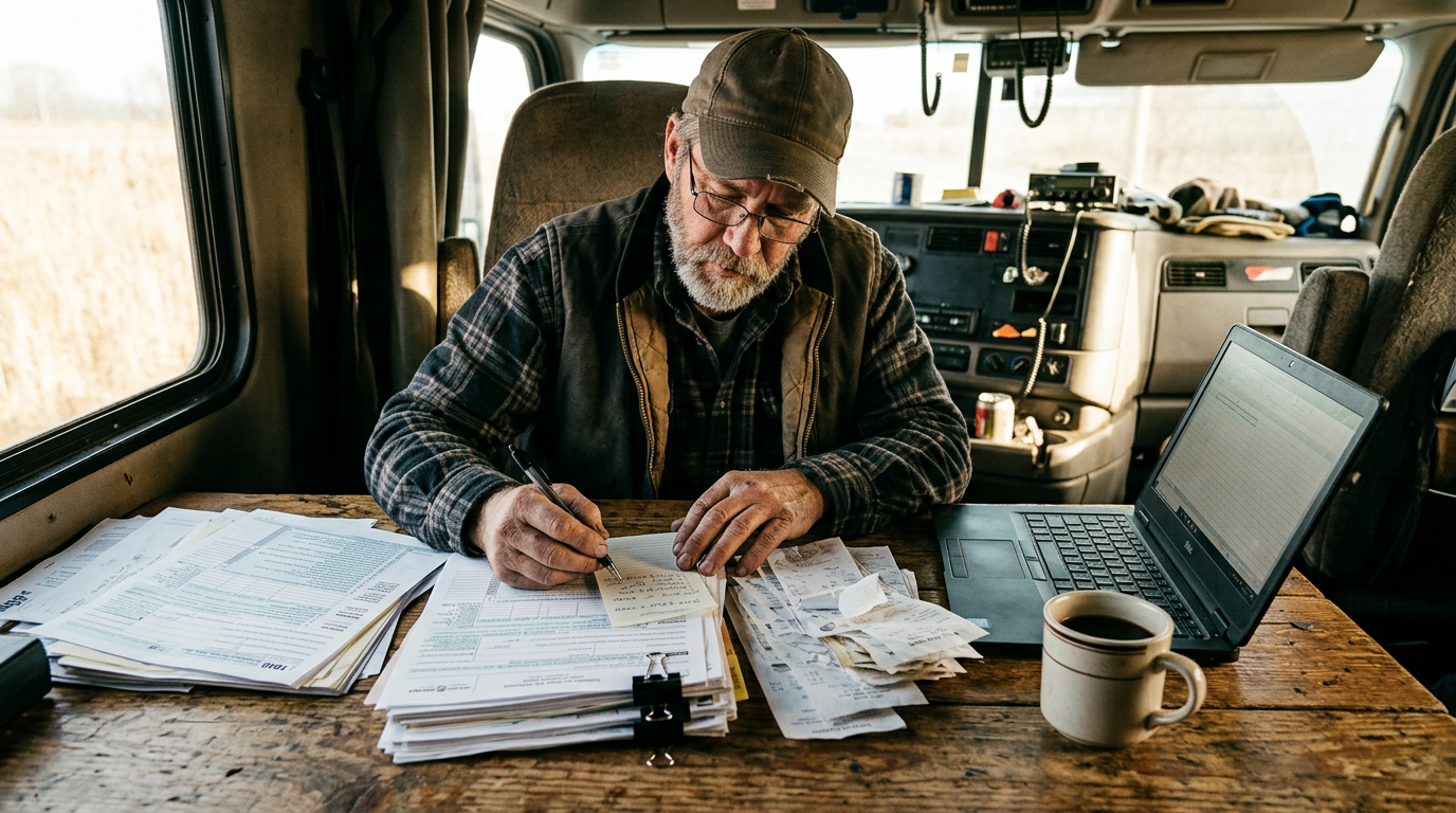 A truck driver organizing tax forms and receipts, representing business tax planning services for owner operators.