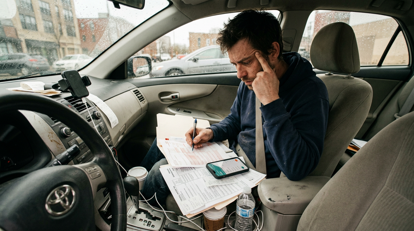 Stressed gig worker in car reviewing 1099 tax filing documents and business tax planning paperwork.