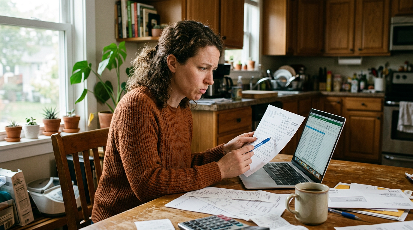 Gig worker reviewing 1099 tax filing documents on a laptop, representing IRS phishing scams and tax fraud risks.