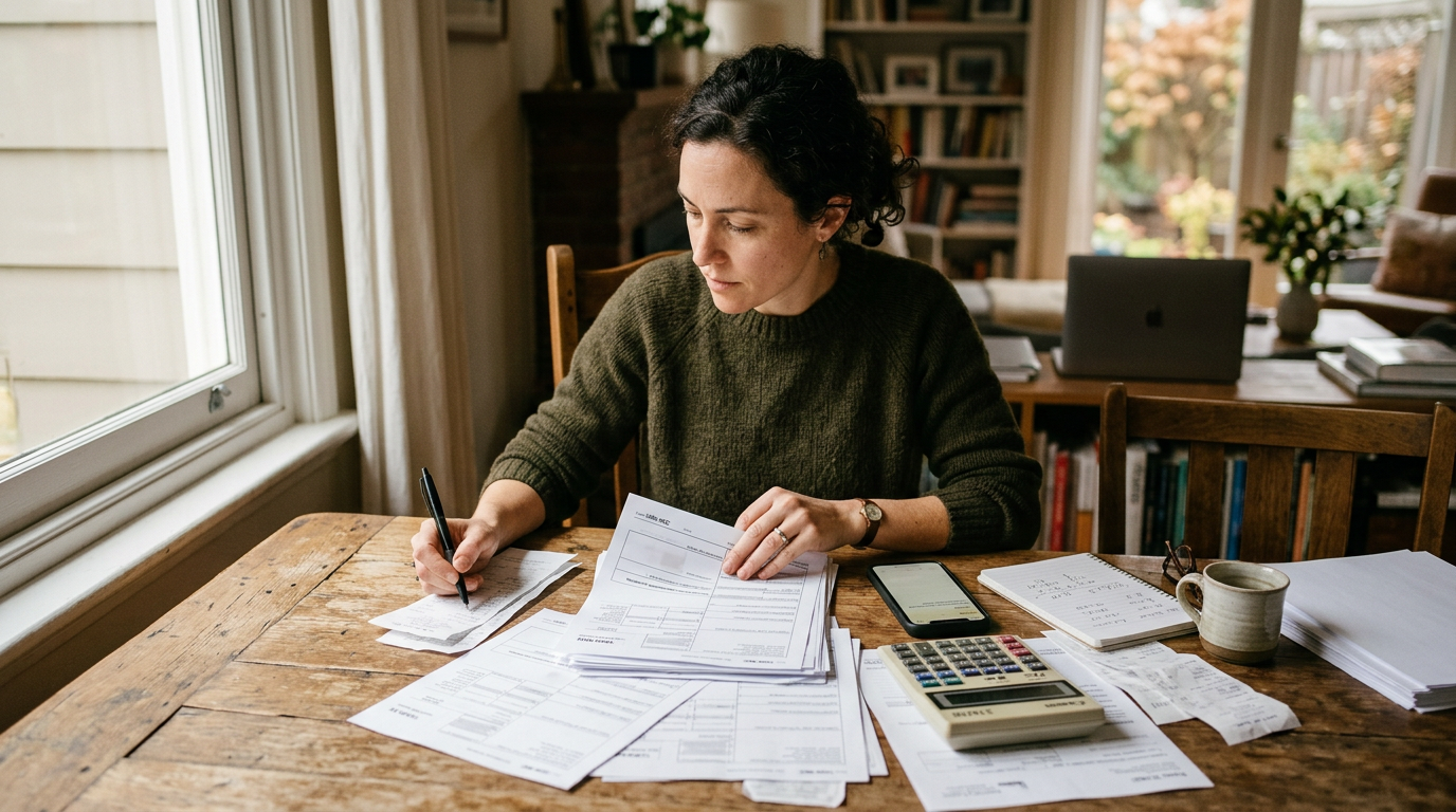 Gig worker reviewing 1099 tax forms, highlighting business tax planning and audit protection services.
