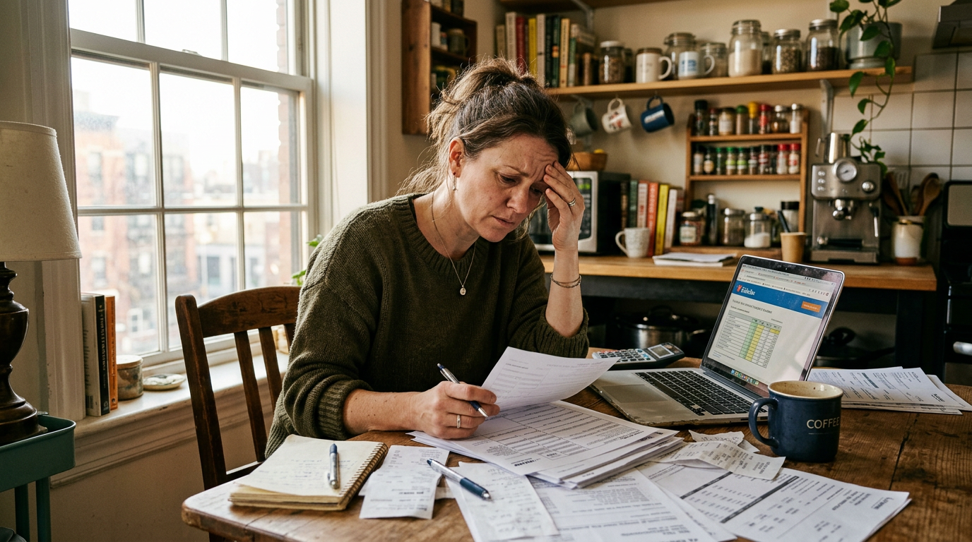 Stressed gig worker reviewing 1099 tax documents and a laptop, needing tax filing services.