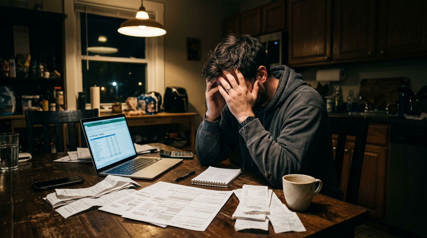 Stressed gig worker reviewing 1099 tax forms at home. Concept for business tax planning and tax filing service.