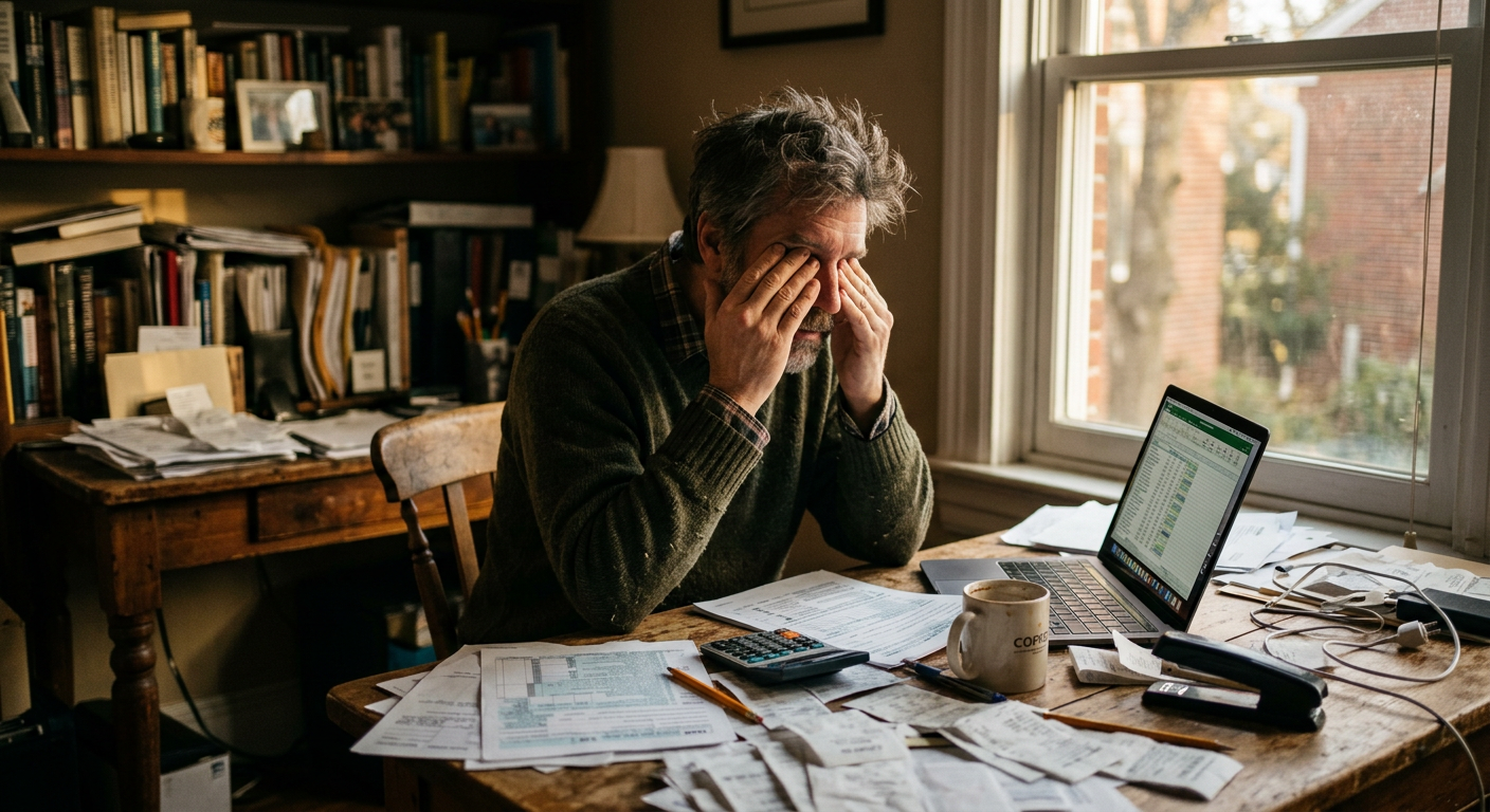 Frustrated independent contractor with 1099 tax forms at a laptop, highlighting the need for tax filing services.