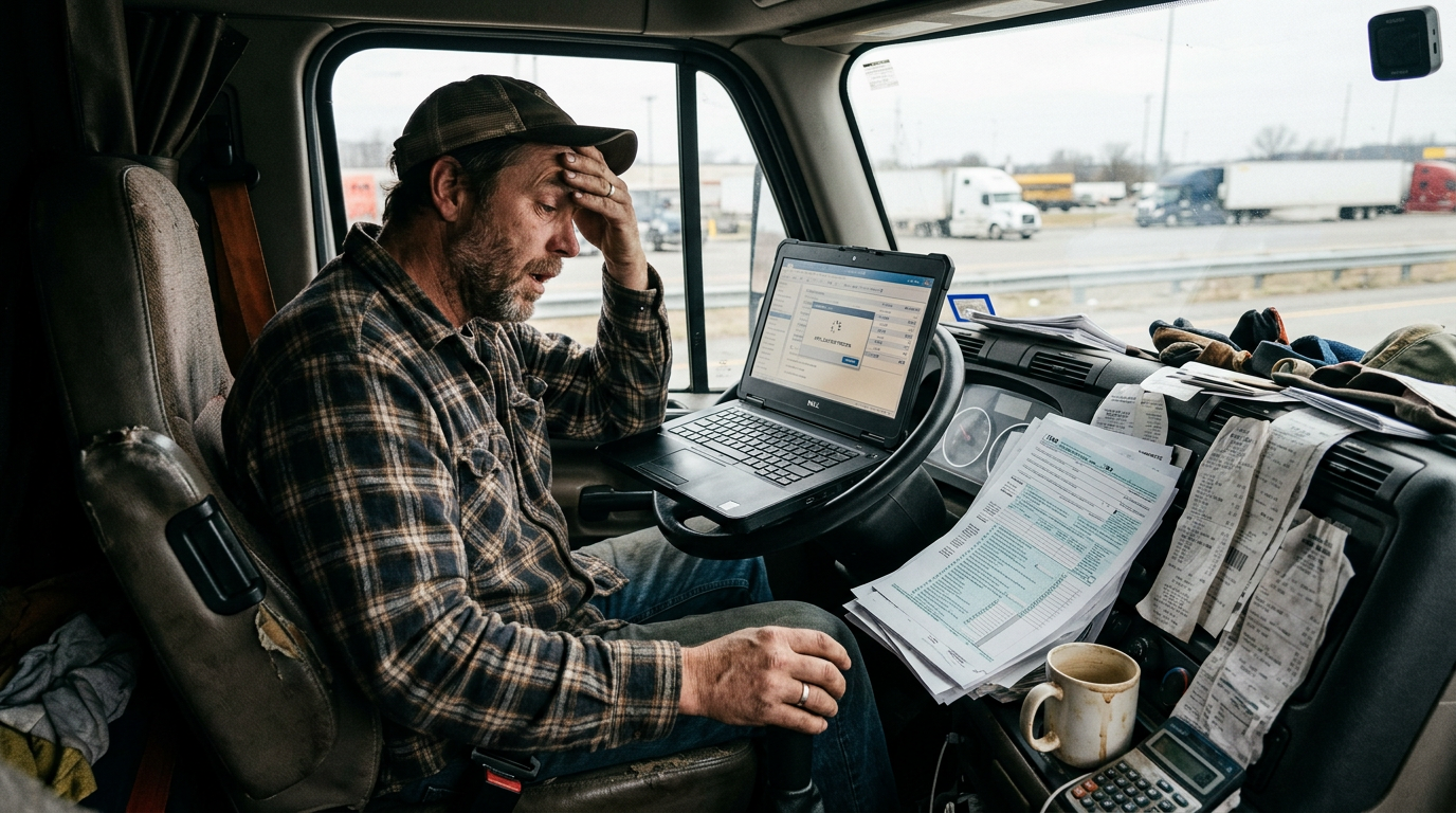 Stressed owner-operator struggling with 1099 tax filing and portal crashes on a laptop.