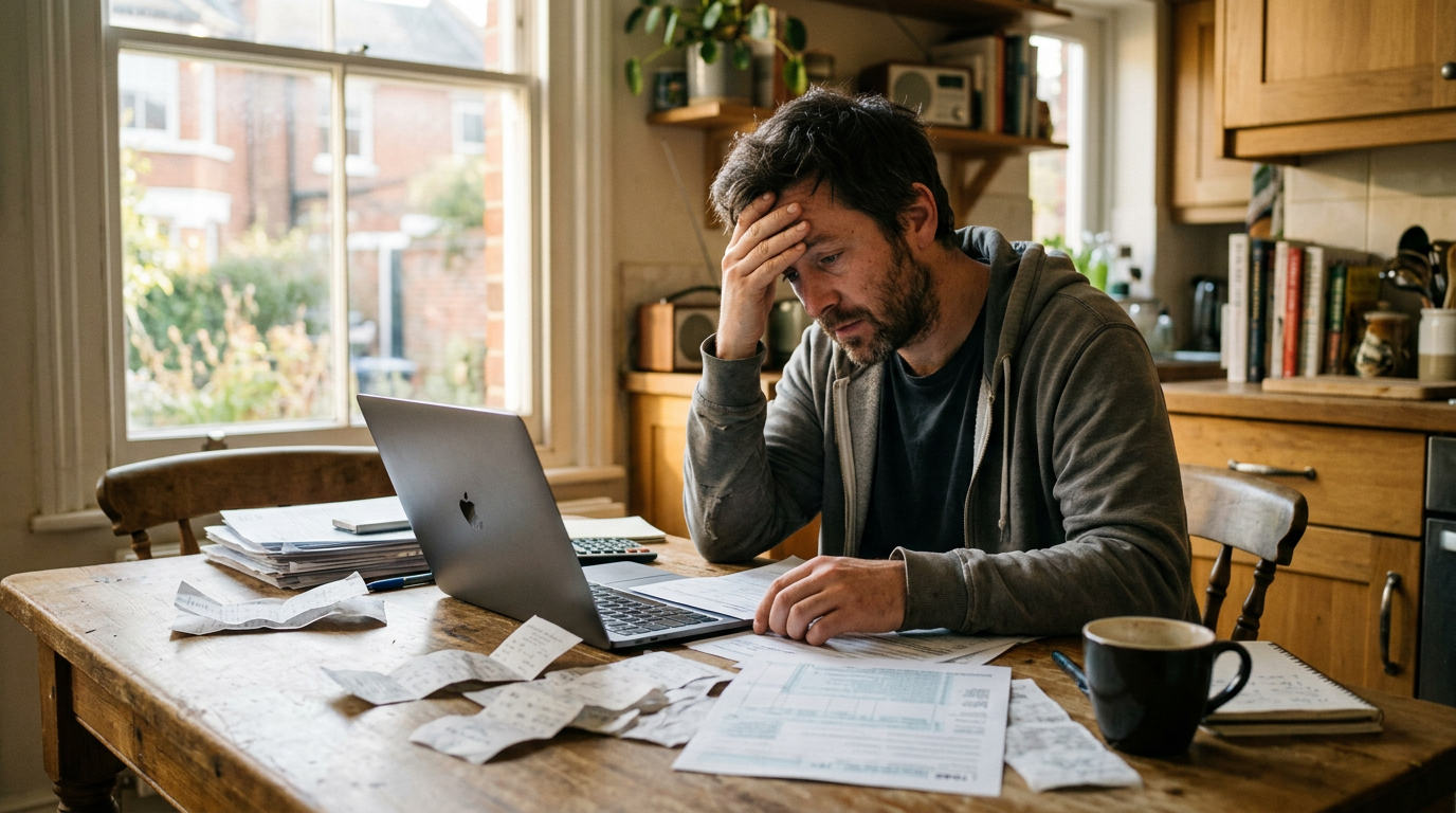 Stressed gig worker sorting receipts and 1099 tax forms at a laptop, illustrating tax filing challenges for owner-operators.