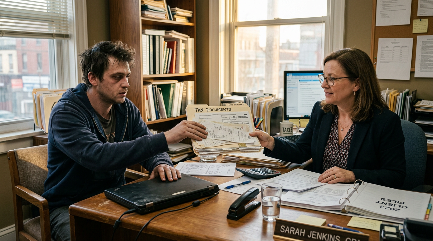 A gig worker hands 1099 tax forms to a professional tax preparer in an office, seeking business tax planning services.