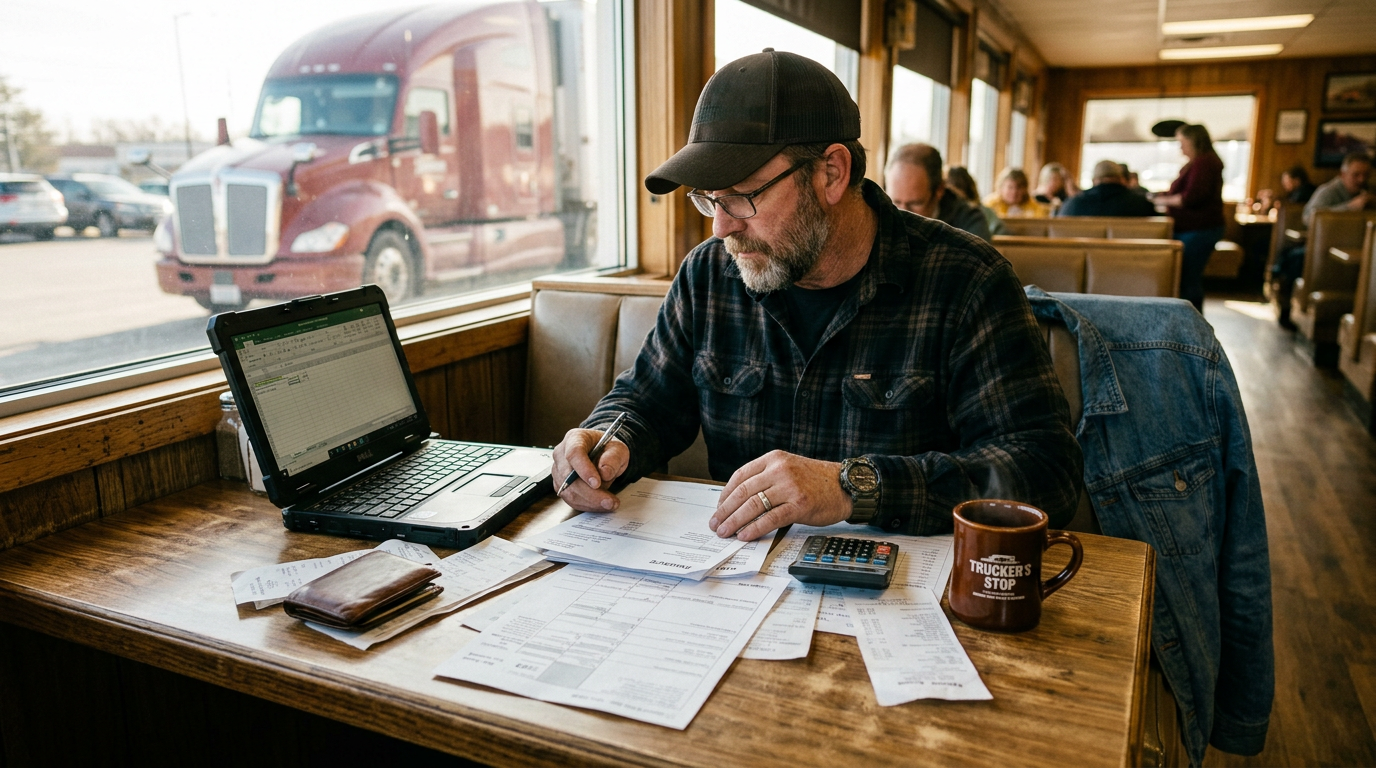 Owner-operator reviewing receipts and 1099 tax filing documents for business tax planning.