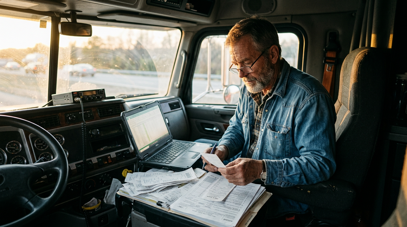 Truck driver reviewing 1099 tax forms and receipts on a laptop inside a truck cab for business tax planning.