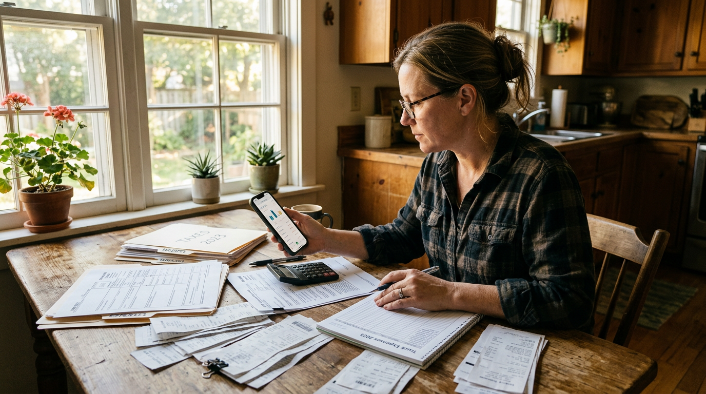 Independent owner-operator organizing 1099 tax filing and physical receipts using a mobile business tax planning service.