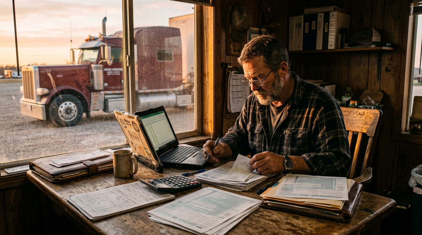 Commercial truck owner-operator preparing documents for gig worker tax filing and business tax planning.