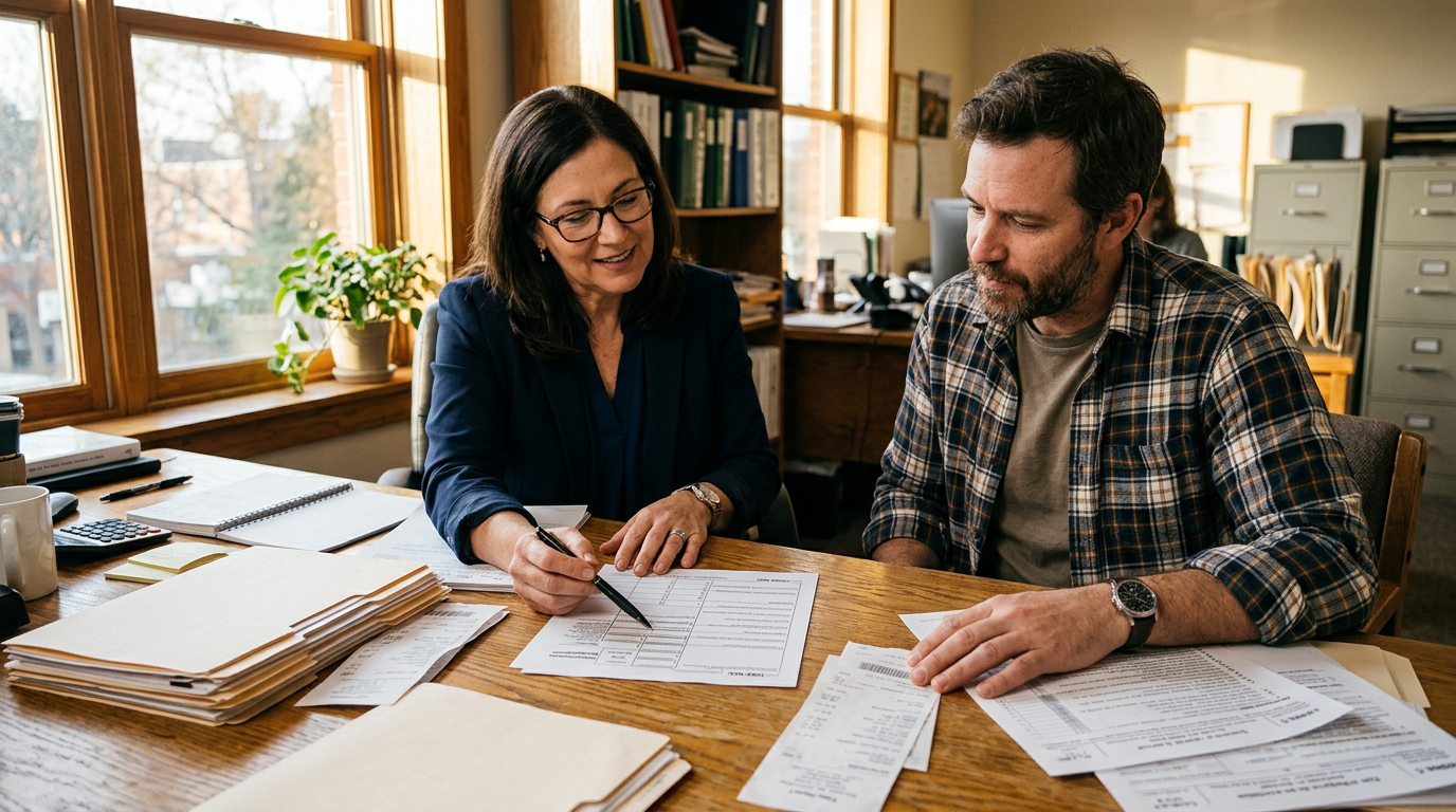 Independent gig worker consulting a business tax planning professional for 1099 tax filing and audit protection strategy.