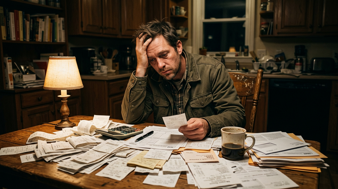 Stressed gig worker and owner operator organizing 1099 tax filing paperwork and receipts at a table late at night.