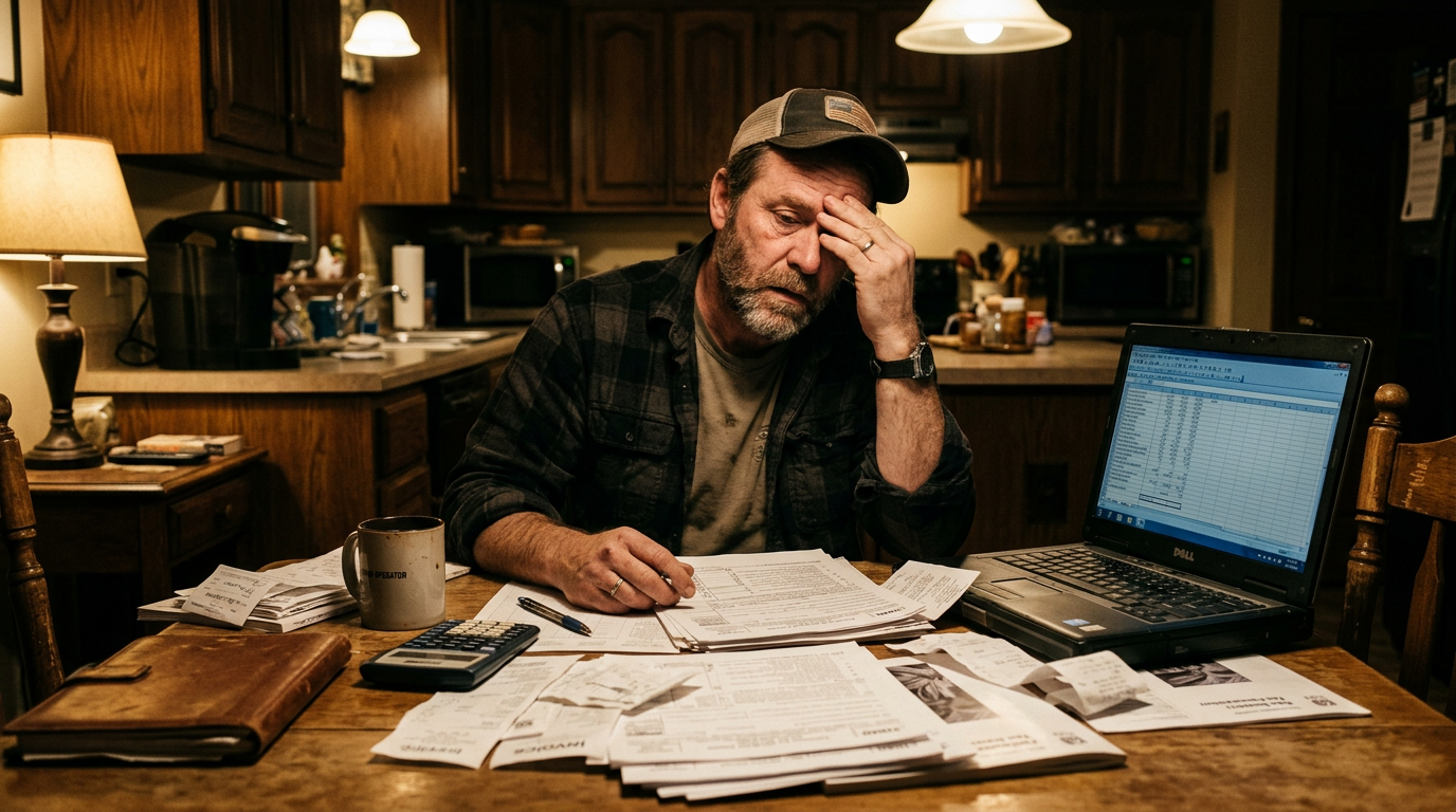 Stressed owner-operator organizing 1099 tax filing forms and receipts, needing business tax planning services.