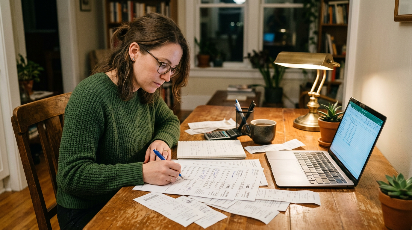Freelance worker reviewing 1099 tax forms and receipts to prepare past due tax returns.