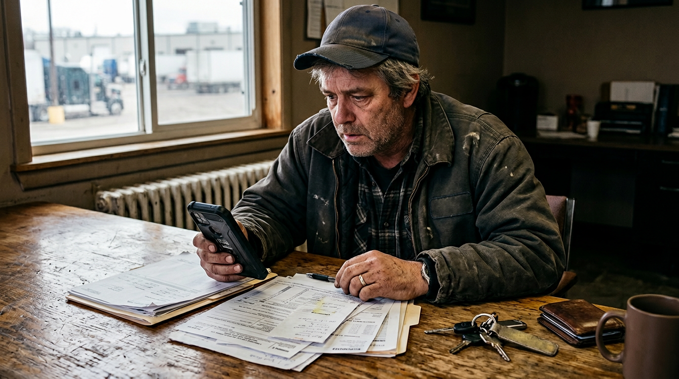 Owner-operator gig worker reviewing 1099 tax filing documents and a phone, highlighting tax preparation and scam threats.