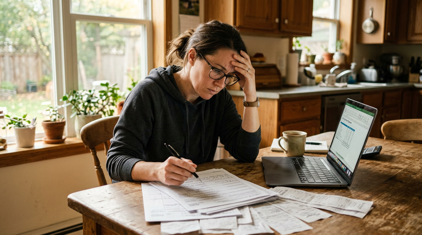 Gig worker reviewing 1099 tax filing forms. Professional business tax planning for owner-operators.
