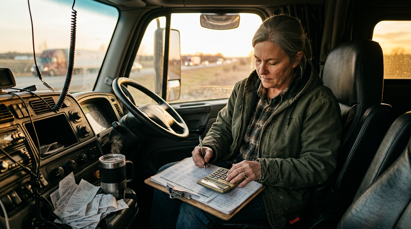 Owner-operator truck driver reviewing tax filing documents and receipts in a truck cab for business tax planning.