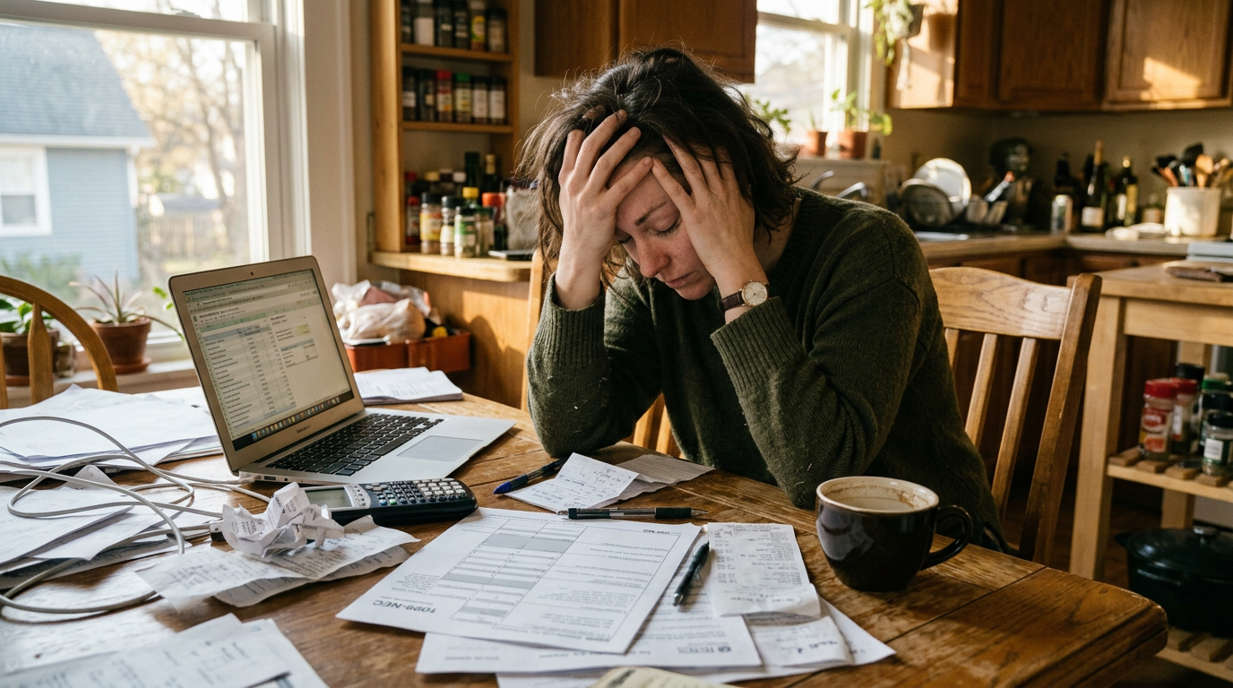 Gig worker reviewing 1099 tax filing forms at a laptop, representing business tax planning and past due tax preparation.