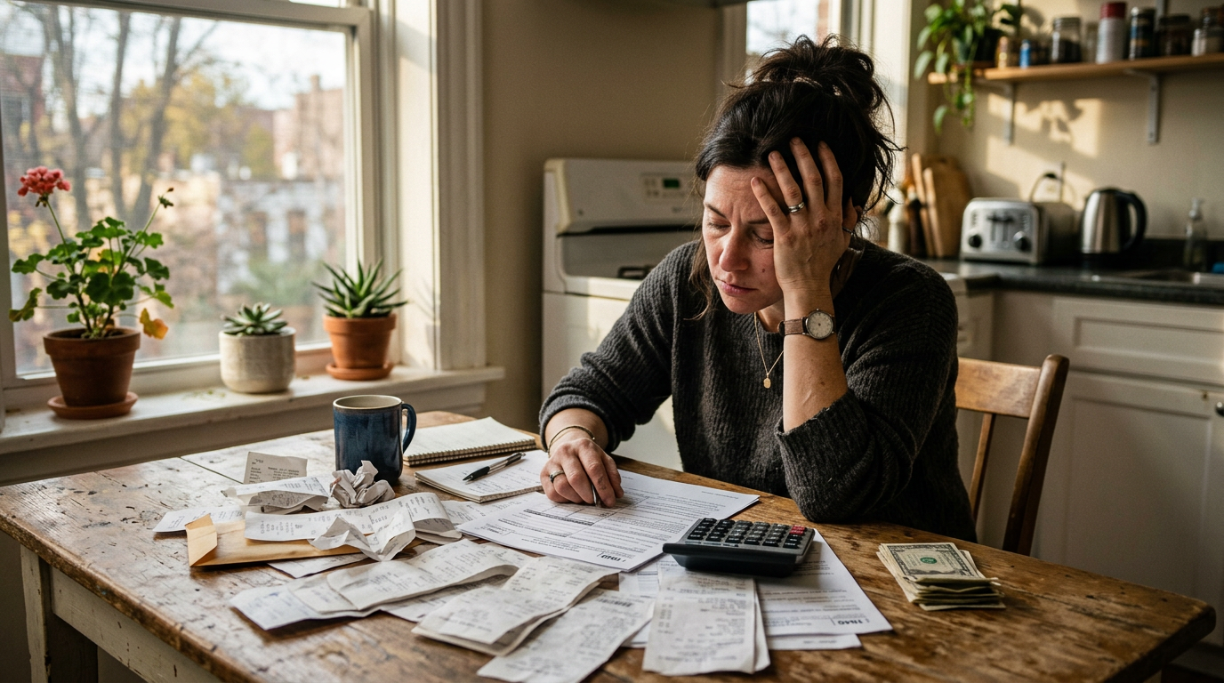 Stressed gig worker handling 1099 tax filing and paperwork at a kitchen table.