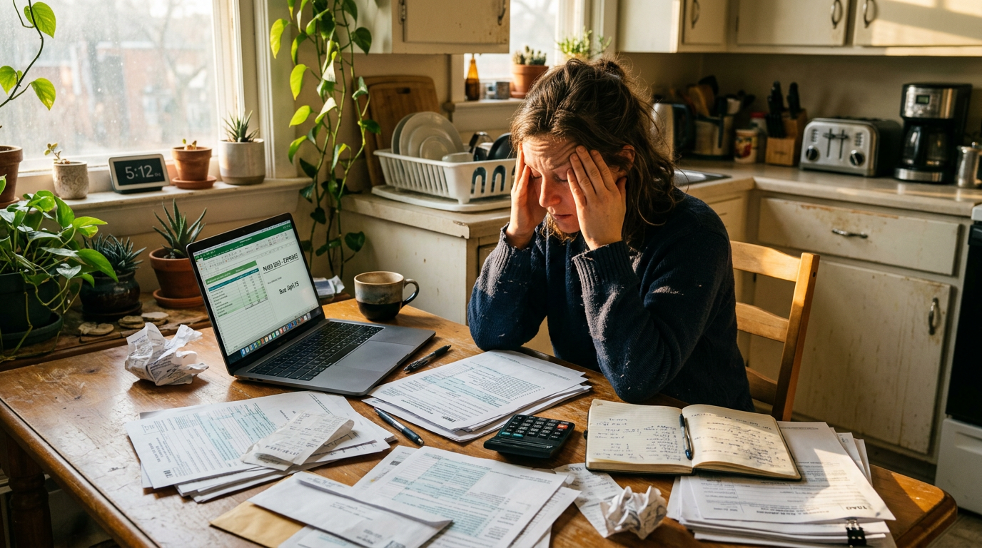 Stressed freelancer reviewing 1099 tax filing documents and Schedule C forms at a table, worried about an IRS audit.