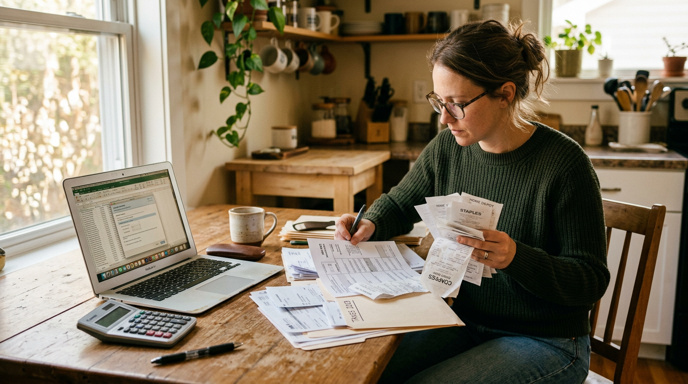Small business owner organizing documents to file past due 1099 taxes and claim tax refunds.
