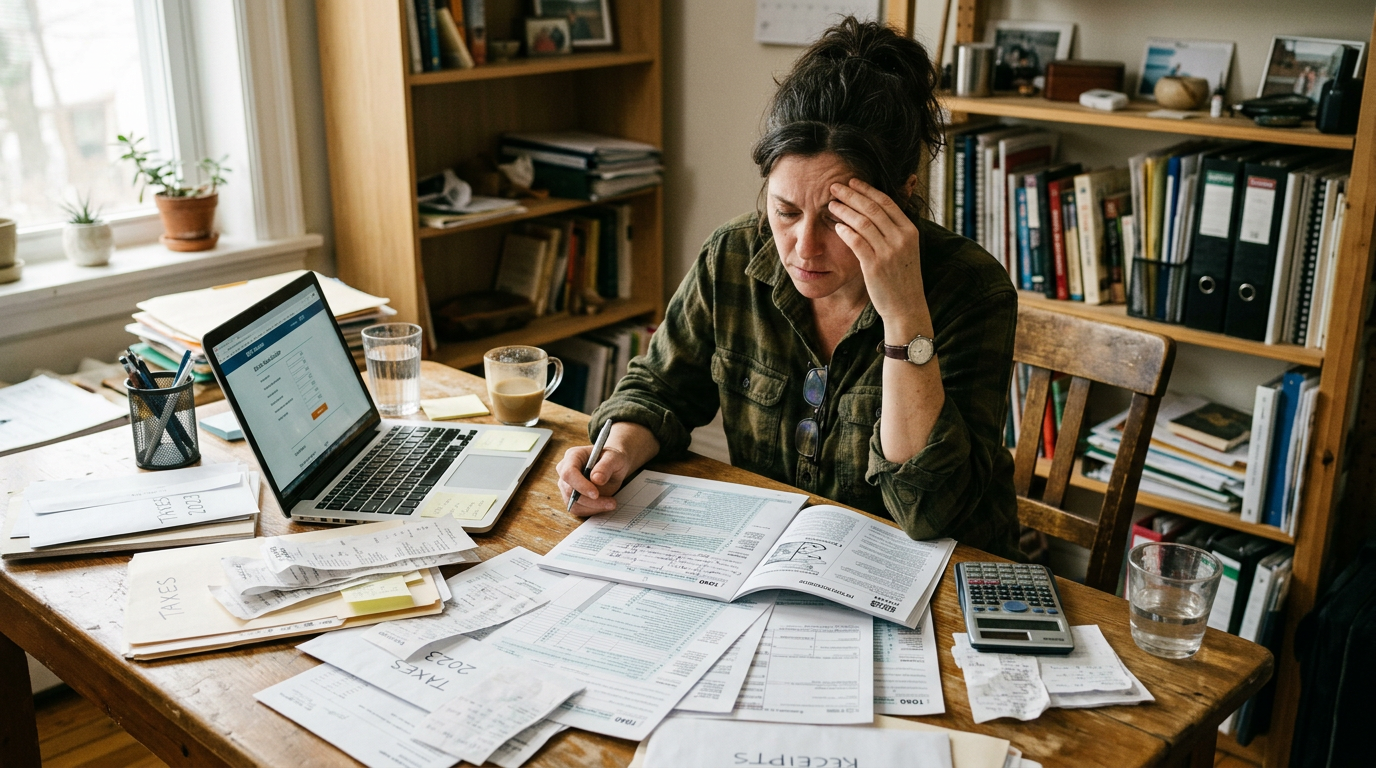 Stressed 1099 worker reviewing tax filing documents and receipts at a table.