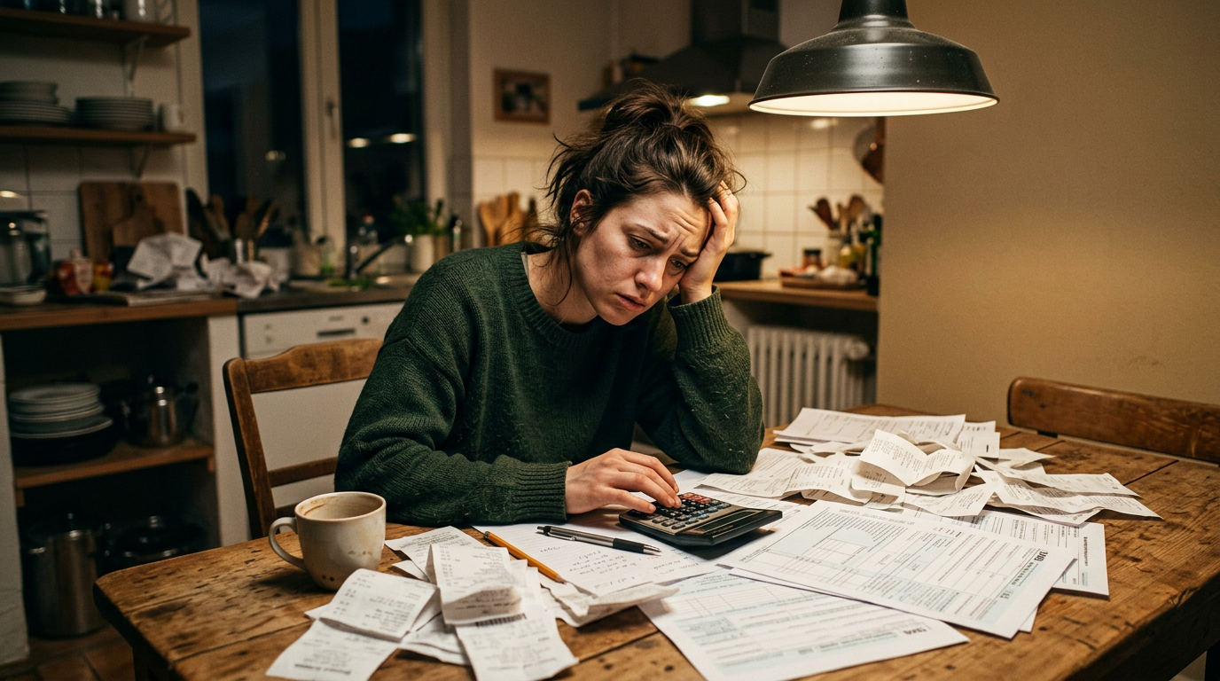 Stressed gig worker organizing 1099 tax filing documents and receipts at a kitchen table for business tax planning.